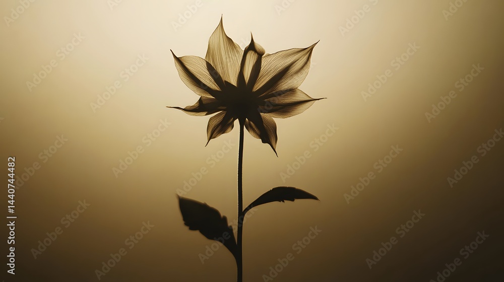 Poster silhouette of a delicate flower against a warm, hazy background. the flower's translucent petals are