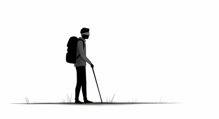 Person Hiking with Backpack and Walking Stick in Minimalist Style