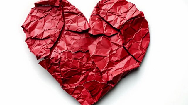 Crumpled red heart paper isolated on a clean white background conveys emotions of love and tenderness in a simple yet powerful composition perfect for expressing heartfelt sentiments