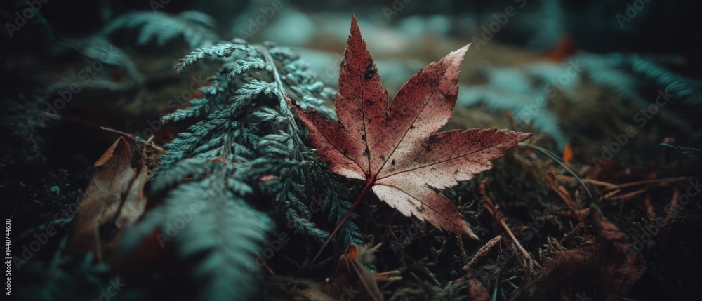 Aufkleber serene autumn scene featuring a vibrant maple leaf resting on a bed of lush moss and ferns in a tran