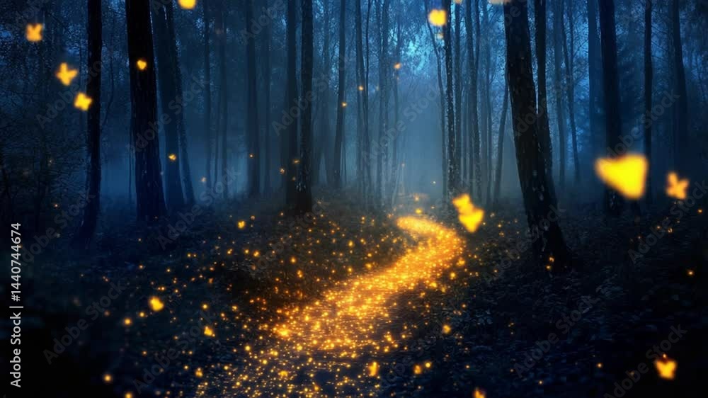 Poster enchanted forest with mystical glowing butterflies illuminating a winding path