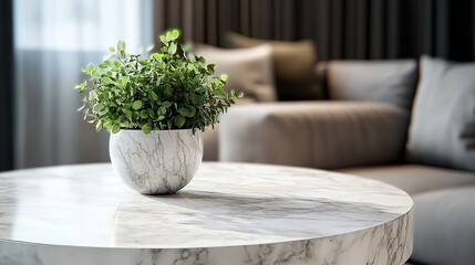 Serene potted plant on a marble table a minimalist home interior design with soft light and blurred background