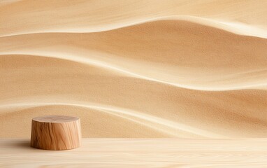 Natural wooden podium on a light beige backdrop with desert-like texture