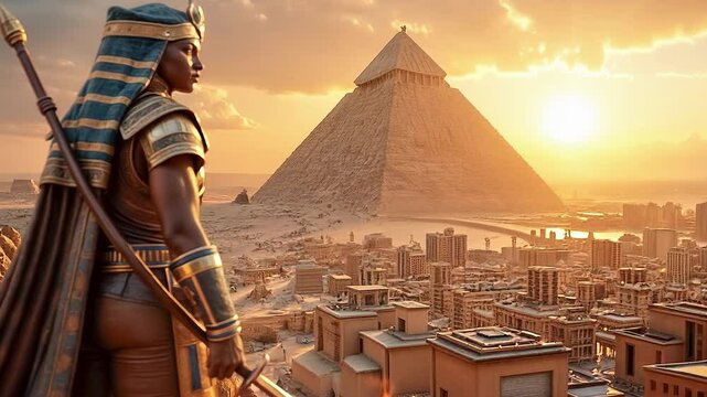 Great and powerful Egyptian warrior guarding the Great Pyramids, great commander on the Pyramid of Cheops in Ancient Egypt in Giza