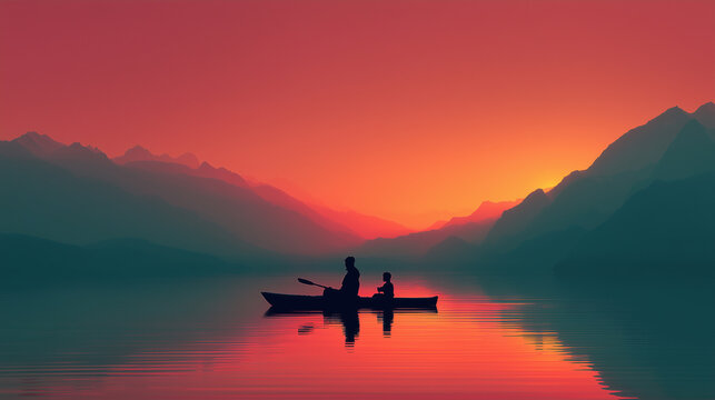 Father and son kayaking on a calm lake, bonding and exploring nature on a peaceful outdoor adventure.Parentig and family concept.