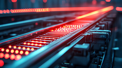 A futuristic conveyor system with glowing red lights in an advanced industrial setting.