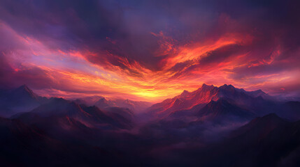 Fototapeta premium An intense sunset over jagged mountain tops, with the sky ablaze in fiery hues of orange, red, and purple.