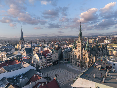 Skyline cityscape of Liberec, Czech Republic. Panoramic aerial view of the old town (star&eacute; město): main square and city hall at sunset
