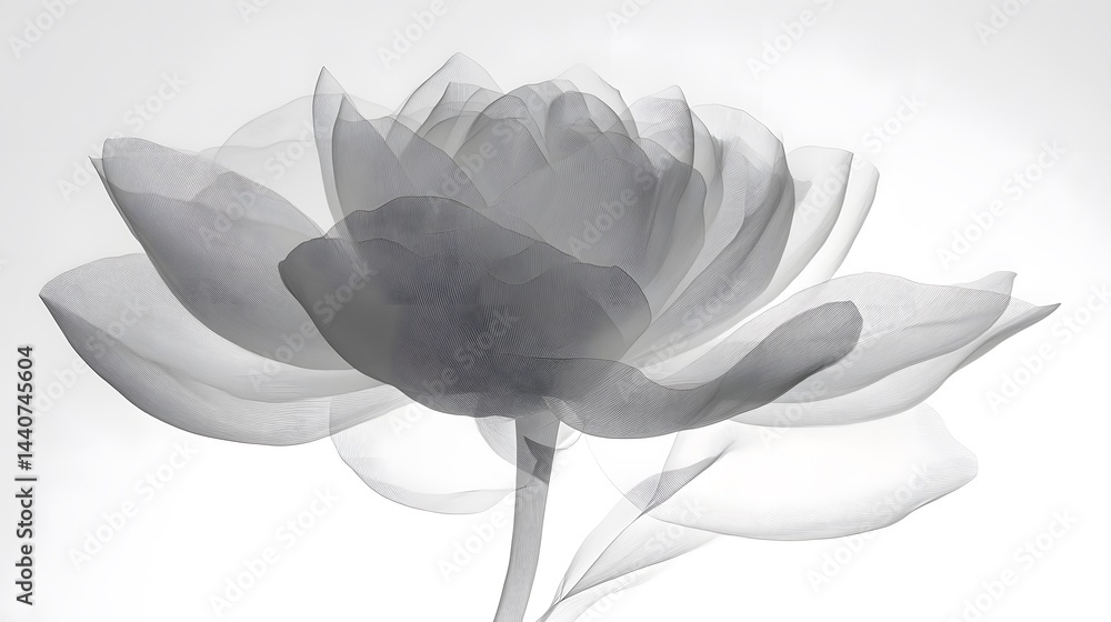 Poster abstract grayscale image of a delicate flower, seemingly made of translucent fabric or silk. petals 