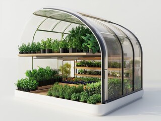 3D cutaway of hybrid solar-greenhouse system in permafrost zone, showing insulated base, thermal mass, plant layering, and natural light optimization, clean white background