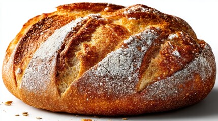 a freshly baked loaf of whole-grain bread with a crispy crust on a white isolated background, wholesome and rustic design