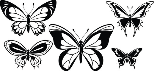 Collection of Black Butterfly Silhouettes with Ornamental Wing Designs
