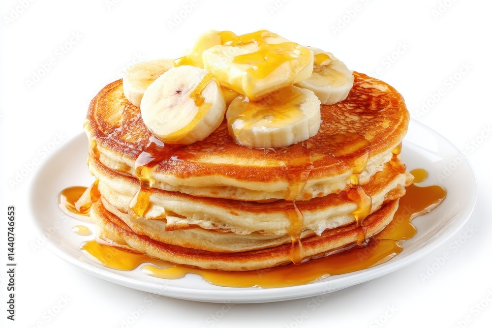 Poster delicious stack of golden pancakes topped with fresh banana slices and dripping maple syrup on a whi
