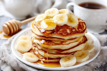 Delicious stack of golden pancakes drizzled with honey and topped with fresh banana slices on a white plate for a delightful breakfast or brunch treat