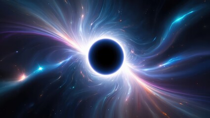 Black hole exploding light waves in cosmos, galactic vortex, brilliant star field, gravitational distortion, colorful astrophysical phenomena. Generative AI.
