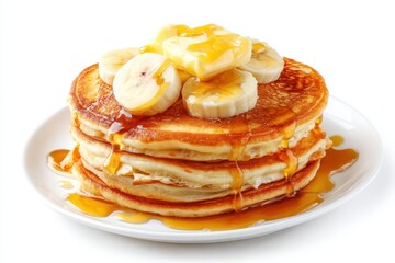 Delicious stack of golden pancakes topped with fresh banana slices and dripping maple syrup on a white plate capturing a warm and inviting breakfast scene