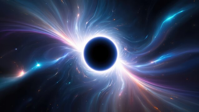Black hole exploding light waves in cosmos, galactic vortex, brilliant star field, gravitational distortion, colorful astrophysical phenomena. Generative AI.