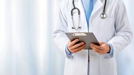 Close up of a doctor in a white coat holding a clipboard, light blue background.