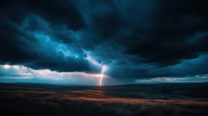 Dramatic Lightning Strikes Down Through Dark Clouds Over Open Landscape