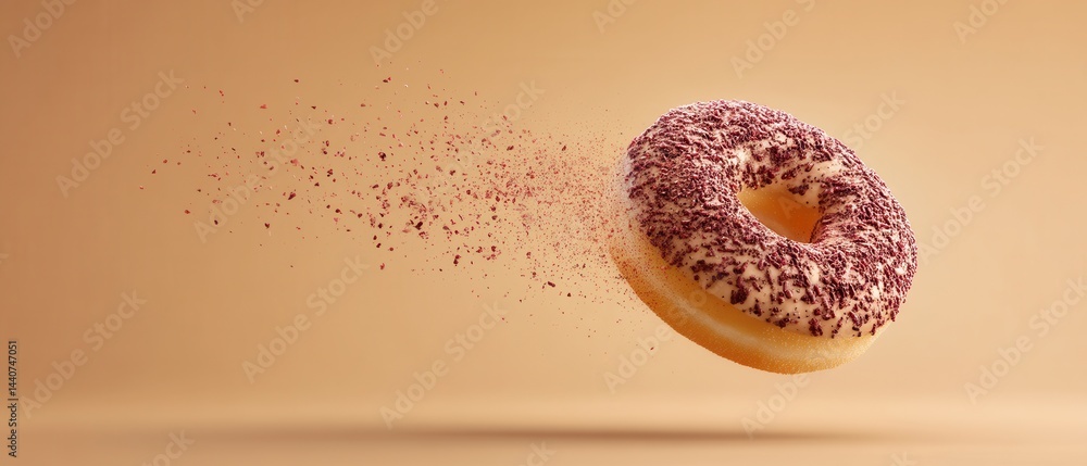 Poster delicious donut with pink sprinkles in studio setting on a light brown background creating a sweet t