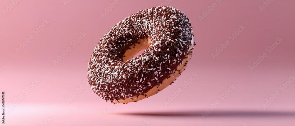 Poster delicious chocolate donut with sprinkles floating on a pink background creating a sweet and tempting