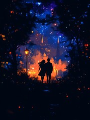 Fototapeta premium Couple Walking in Park with City Background Art