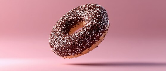 Delicious chocolate donut with sprinkles floating on a pink background creating a sweet and tempting visual perfect for bakery menus and dessert promotions with a modern style