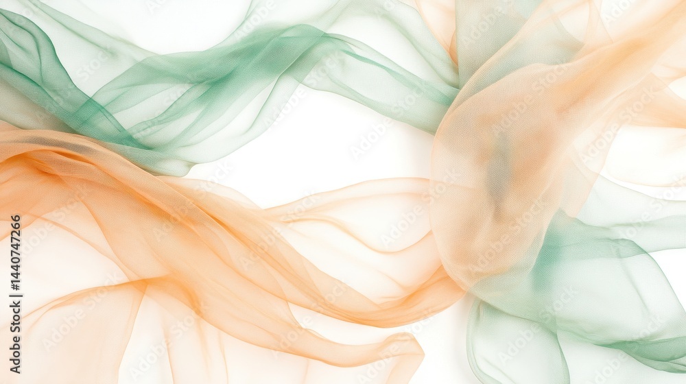 Poster abstract image of flowing orange and green translucent fabric on a white background. soft lighting c