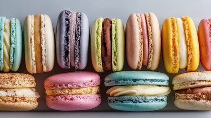 a colorful assortment of macarons in different pastel shades on a white isolated background, delicate and delicious design