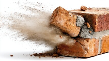 Fototapeta premium Dramatic Brick Breakage Against White Backdrop Capturing Motion and Destruction in Studio Shot
