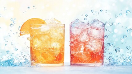 Two glasses of refreshing iced beverages with orange slices and ice cubes, surrounded by splashing water droplets on a bright background.