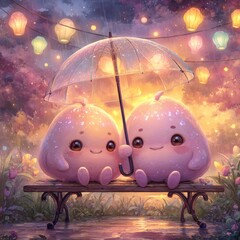Adorable creatures under umbrella in enchanted garden with lanterns
