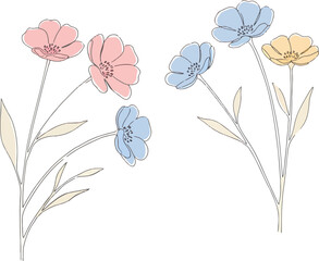 Minimalist pastel flowers with soft strokes, delicate watercolor texture, semi-transparent petals, isolated on white background, elegant and airy design