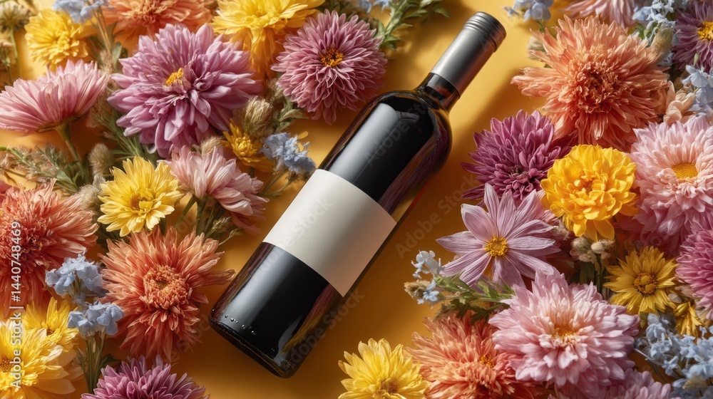 Poster a beautifully arranged wine bottle sits amid a colorful array of flowers, radiating charm and inviti
