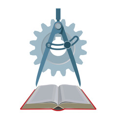 Engineering design process. Logo concept with compass drawing tool, open book and gear wheel. Vector illustration isolated on white background
