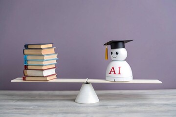 AI Robot Graduation Cap Balancing Books on Seesaw Artificial Intelligence Concept