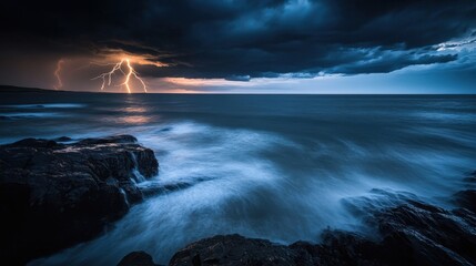 Obraz premium Stormy Sea with Lightning Strikes at Dusk, Dark Clouds Over Waves and Rock Formations
