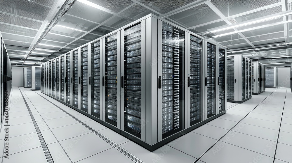 Aufkleber Bright modern data center with clean white floors and illuminated server racks, ideal for cloud computing, digital storage, cybersecurity, and technology infrastructure visuals