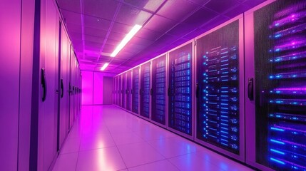 Fototapeta premium Futuristic data center with rows of server racks glowing in purple and blue neon lights, perfect for technology, cloud computing, cybersecurity, and innovation visuals
