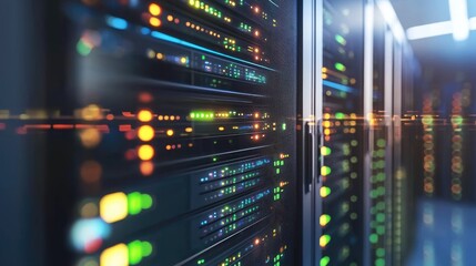 Close-up of modern data servers with colorful green, blue, and orange lights, ideal for cloud computing, cybersecurity, technology infrastructure, and digital network visuals