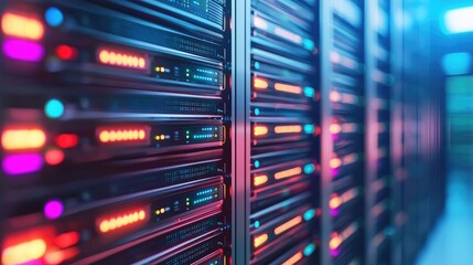 Naklejka premium Close-up of vibrant illuminated server racks with colorful red, blue, and purple lights, ideal for technology, cybersecurity, cloud computing, and futuristic network visuals