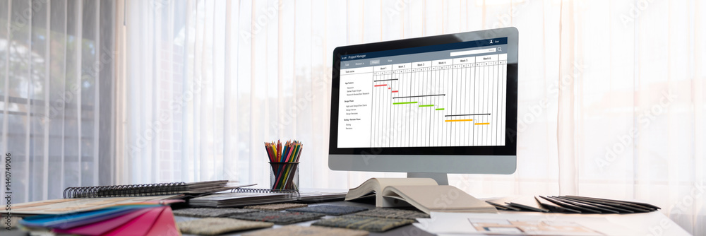Poster project planning software for brisk business project management on the computer screen showing timel