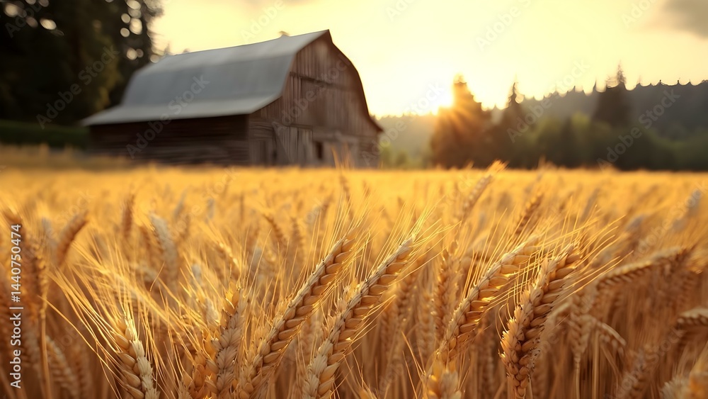 Aufkleber a golden wheat field in the foreground with a rustic barn and a sunset in the background, creating a