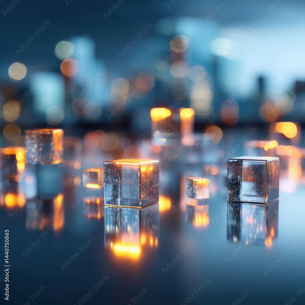Poster abstract glowing cubes on reflective surface with blurred cityscape background creating a futuristic