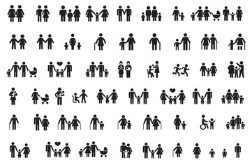 Family, relationship icon set. Vector glyph pictograms of couple, parent, child, elderly people, pregnancy, parenting, community, single mother, social care black silhouette.