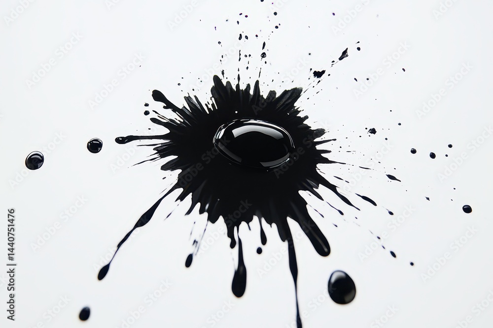 Poster ink drop splashes on white paper creating an artistic pattern and expanding in a circular formation,