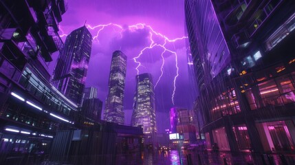 Vibrant Cityscape with Lightning in Purple Sky during Stormy Weather