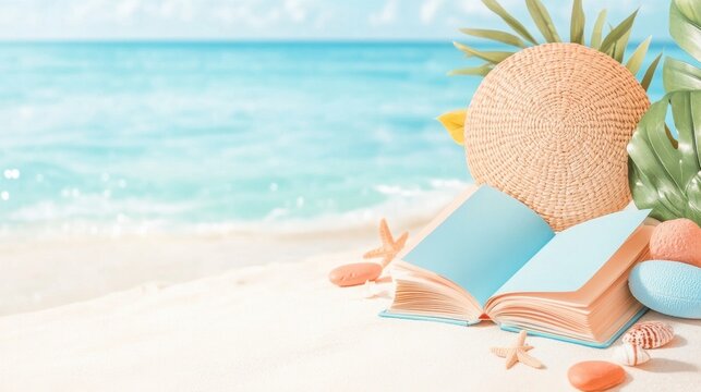 Open book with light blue cover rests on sandy beach near turquoise ocean, beside woven hat and tropical leaves. Seashells and starfish add to the summer scene.