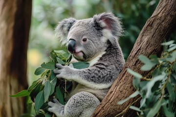 Koala bear eating fresh eucalyptus leaves in an Australian forest during daylight hours, Fauna of Australia Koala bear eating fresh tree leaves