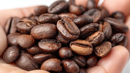 a close-up of a handful of roasted coffee beans on a white isolated background, rich and aromatic design